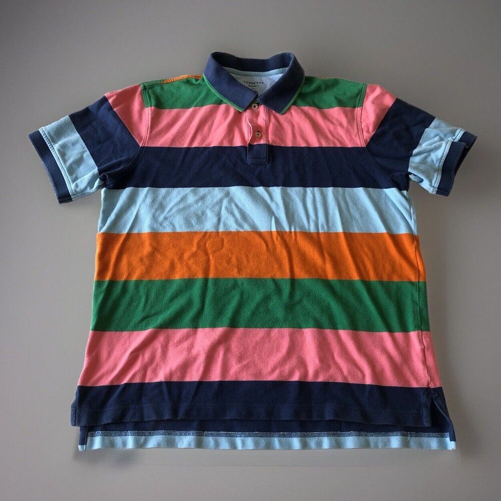 Lands End Mens Collared Short Sleeve Polo Shirt Multicolor Striped Size Large